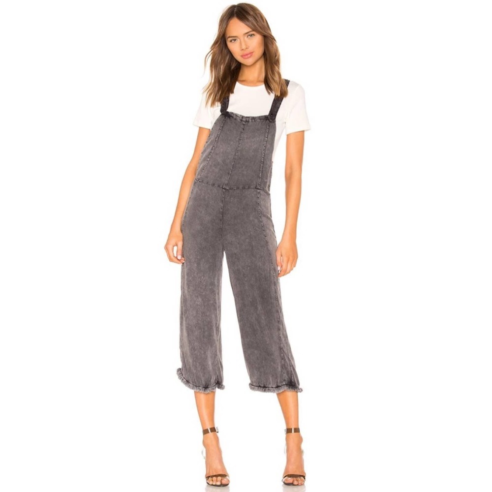 CHASER Fringe Hem Overalls Black Cloud